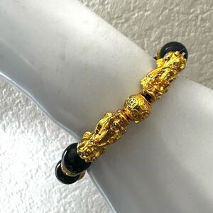 Feng Shui Black  and gold tone Mantra Bead Bracelet with Double dragons